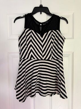 Monteau Black and White Striped Peplum Tunic